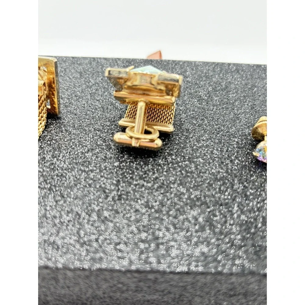 Vintage Cufflinks Tie Tack Set Gold Tone Aurora Borealis‎ Rhinestone Mesh Wrap